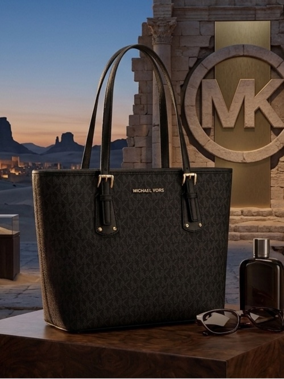Michael Kors Black MK Logo Tote with Gold-Tone Accents